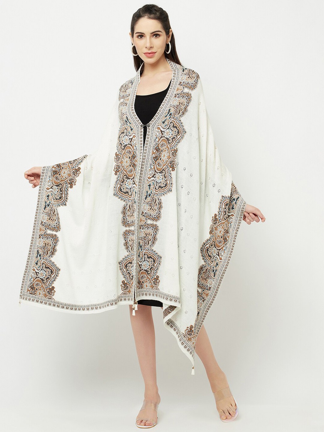 

Knitstudio Ethnic Motifs Woven Design Acrylic Shawl, White