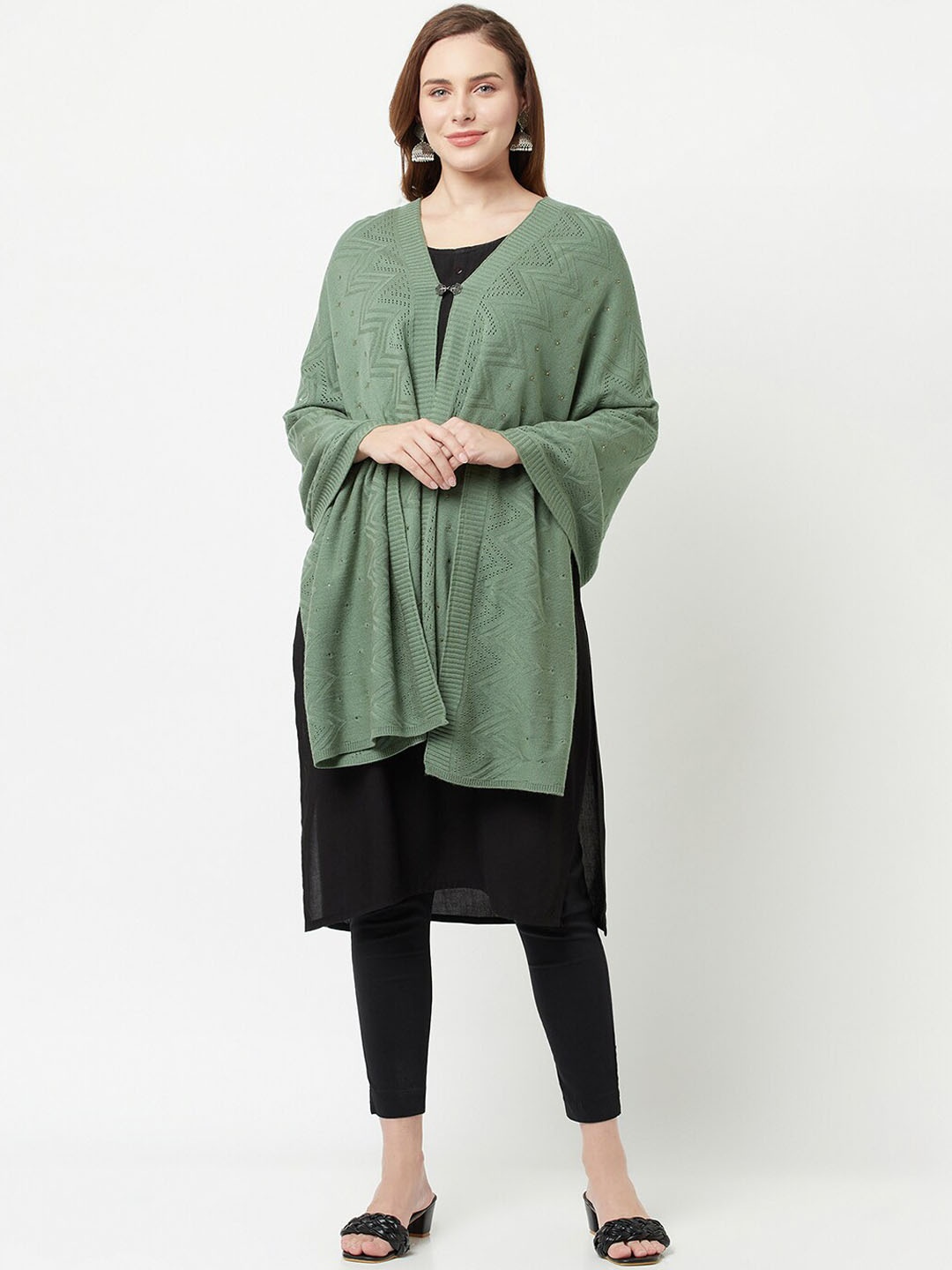 

Knitstudio Chevron Woven Design Stone Detailed Pure Acrylic Shawl, Sea green