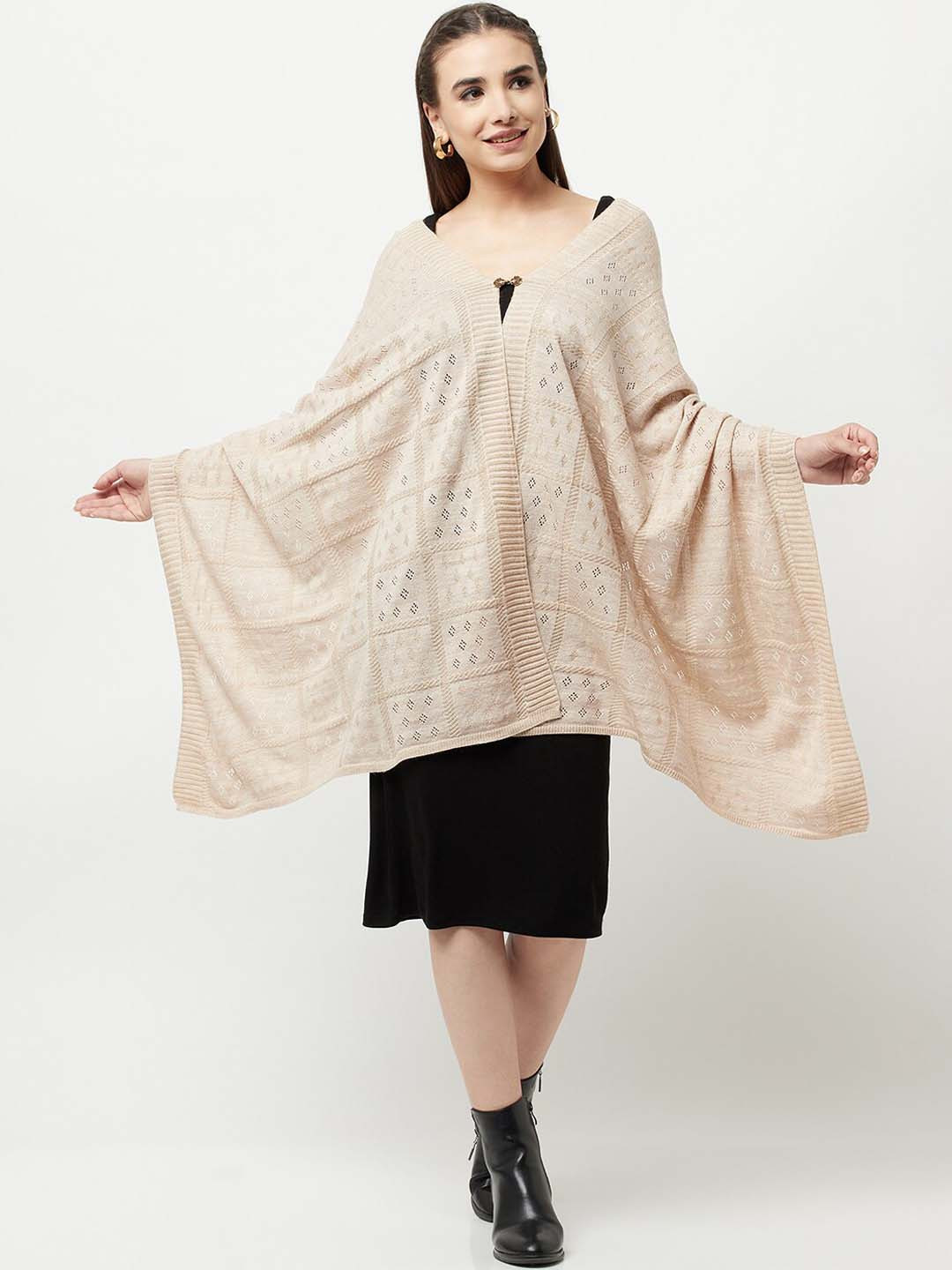 

Knitstudio Geometric Self-Design Acrylic Shawl, Cream