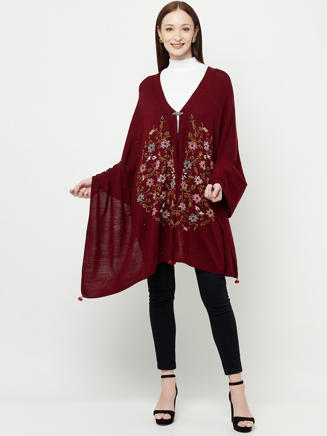 

Knitstudio Floral Woven Design Acrylic Shawl, Maroon
