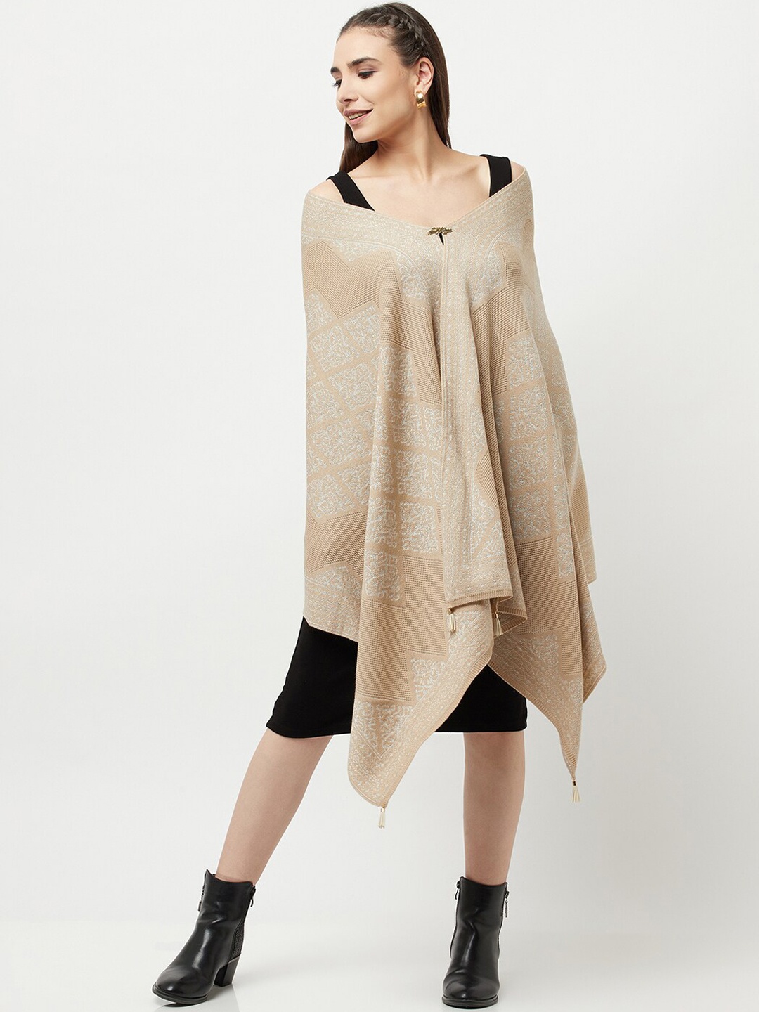 

Knitstudio Ethnic Motifs Woven-Design Acrylic Shawl, Cream