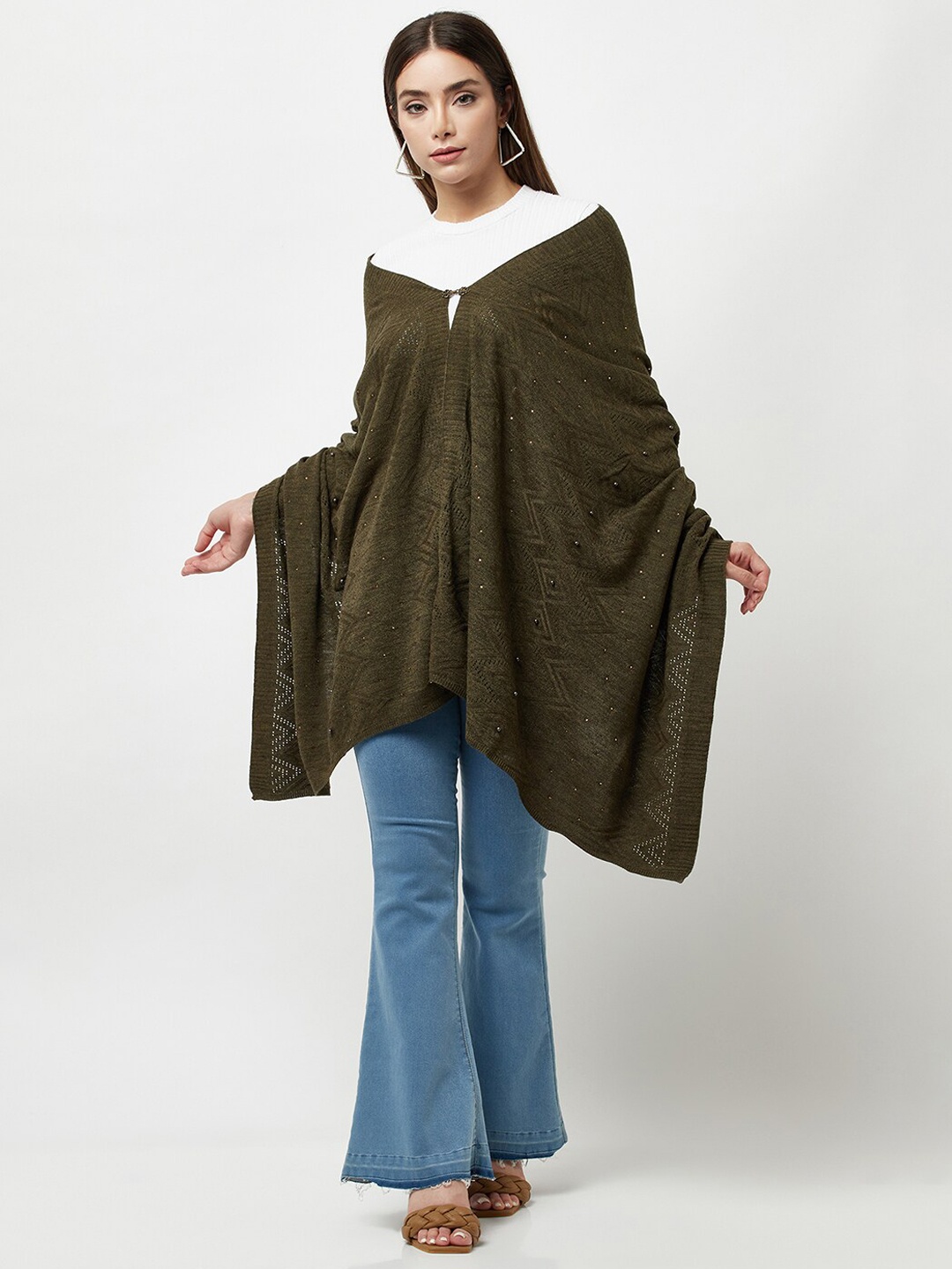 

Knitstudio Geometric Woven Design Knitted Acrylic Shawl, Olive