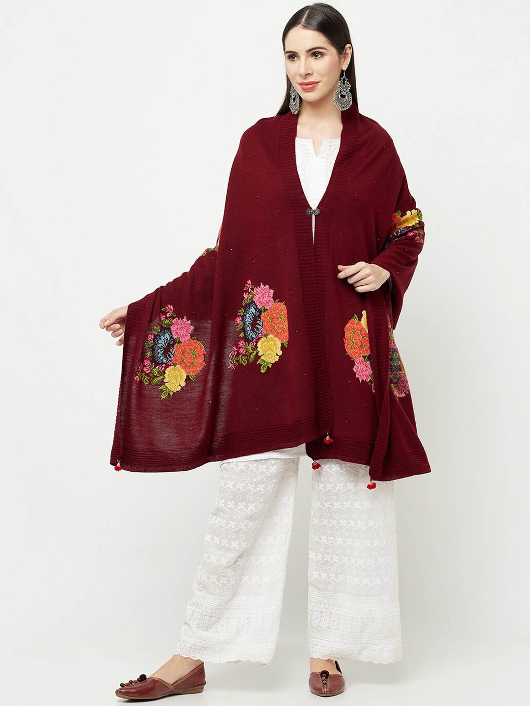 

Knitstudio Women Floral Woven Design Acrylic Shawl, Maroon