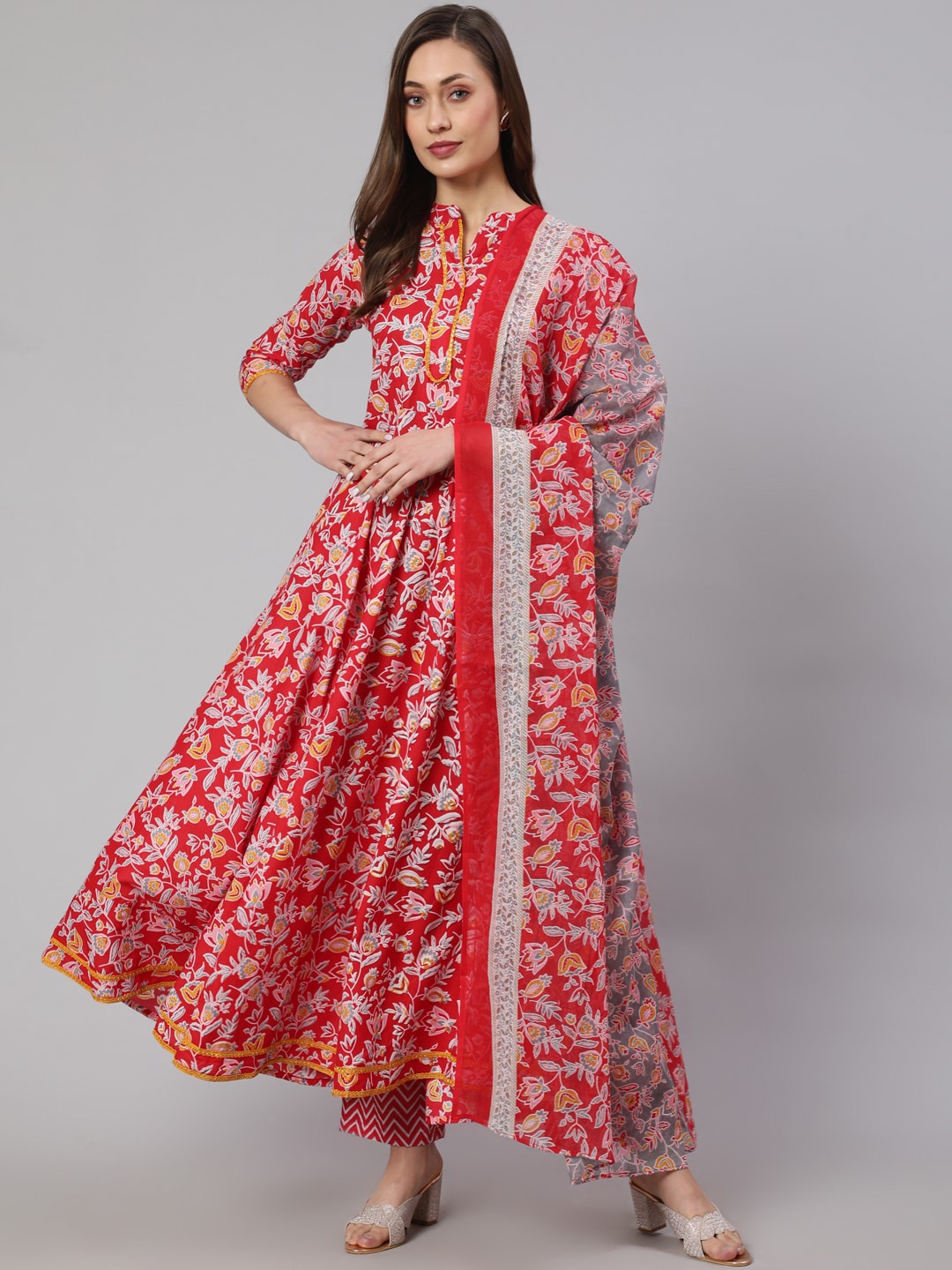 

WOMENCLICK Floral Printed Gotta Patti Pure Cotton Anarkali Kurta With Trousers & Dupatta, Red