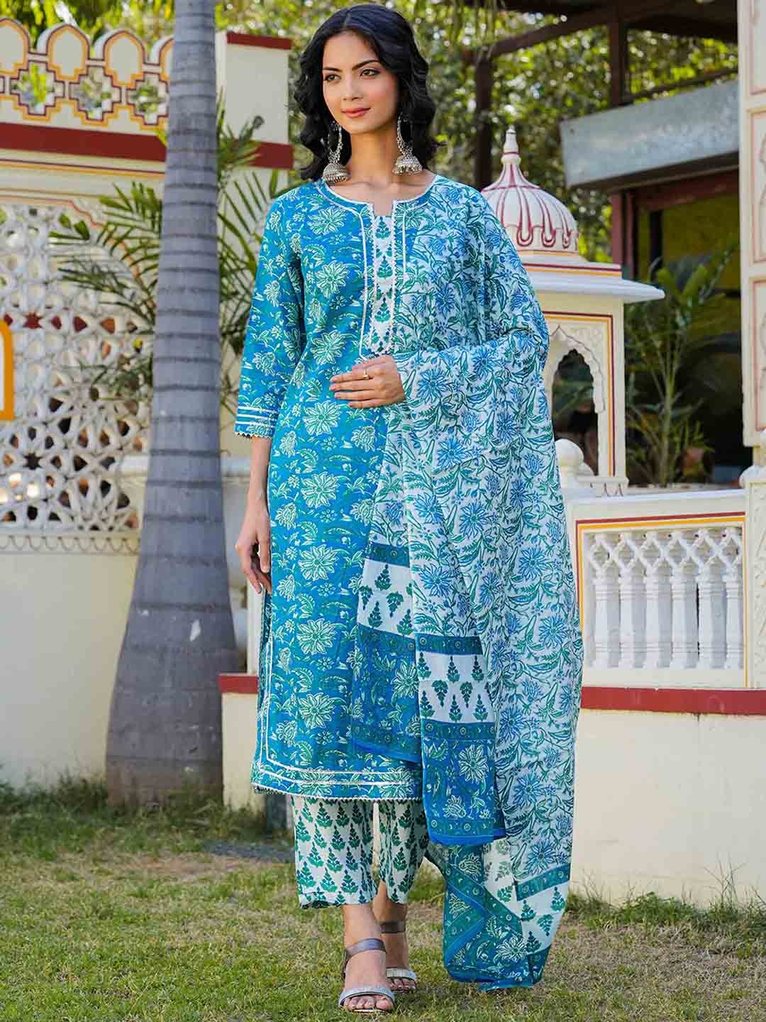 

Arayna Floral Printed Pure Cotton Kurta & Palazzos With Dupatta, Blue