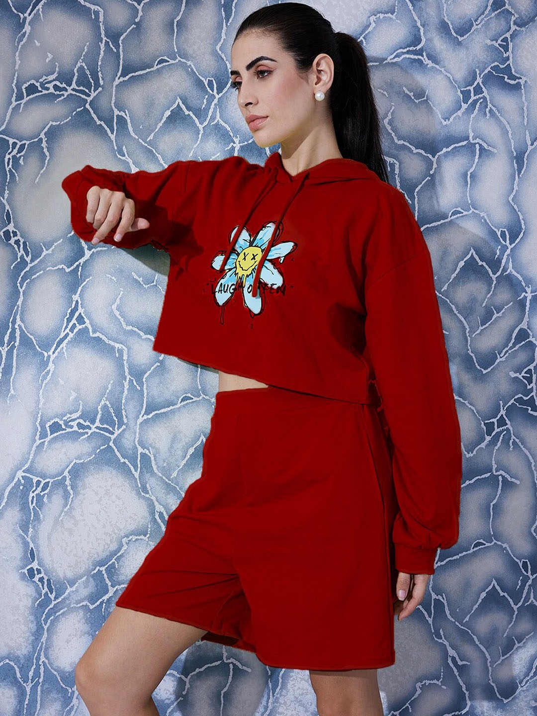 

Athena Graphic Printed Sweatshirt With Short Co-Ords, Maroon