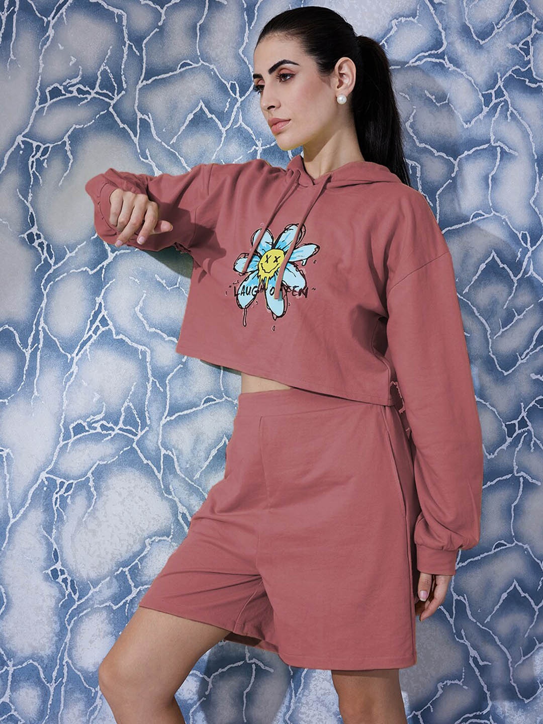 Athena Graphic Printed Sweatshirt With Short Co-Ords, Beige