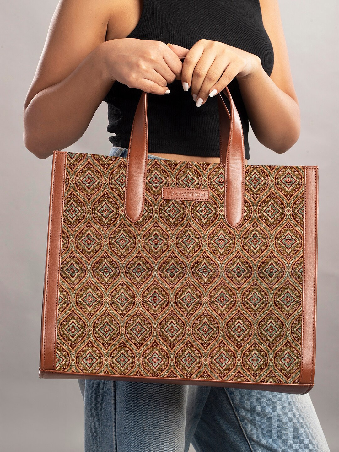 

KAAYTEE Ethnic Motifs Printed Jute Laptop Bag - Up to 15 inch, Brown