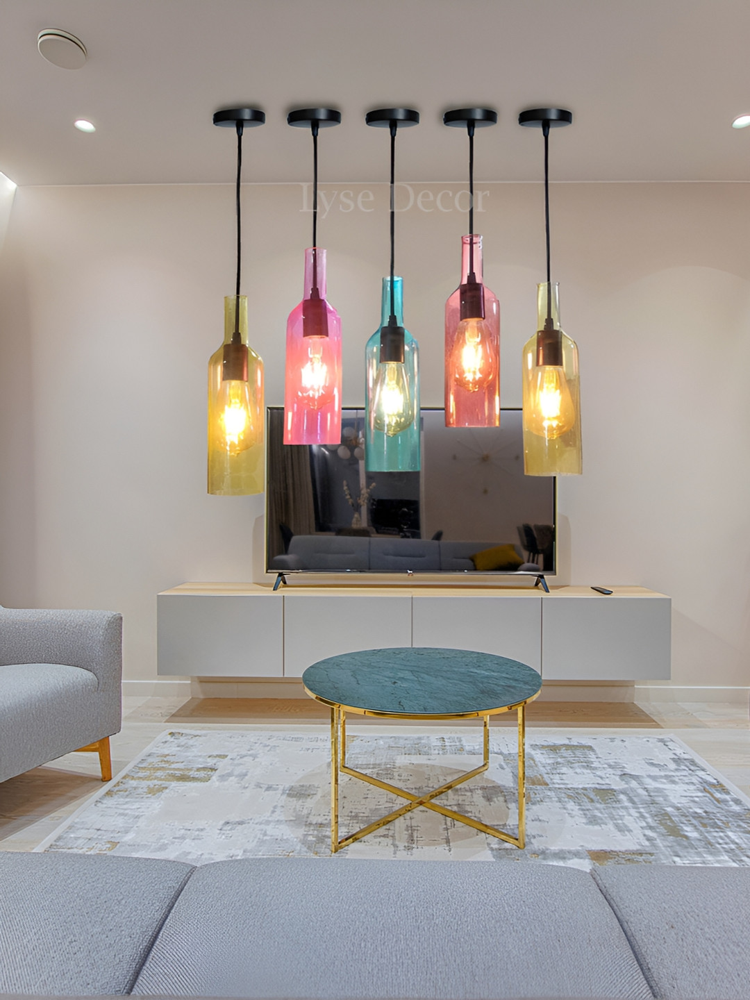 

Lyse Decor 5 Pcs Pink & Yellow Hanging Beer Bottle Ceiling Lamp