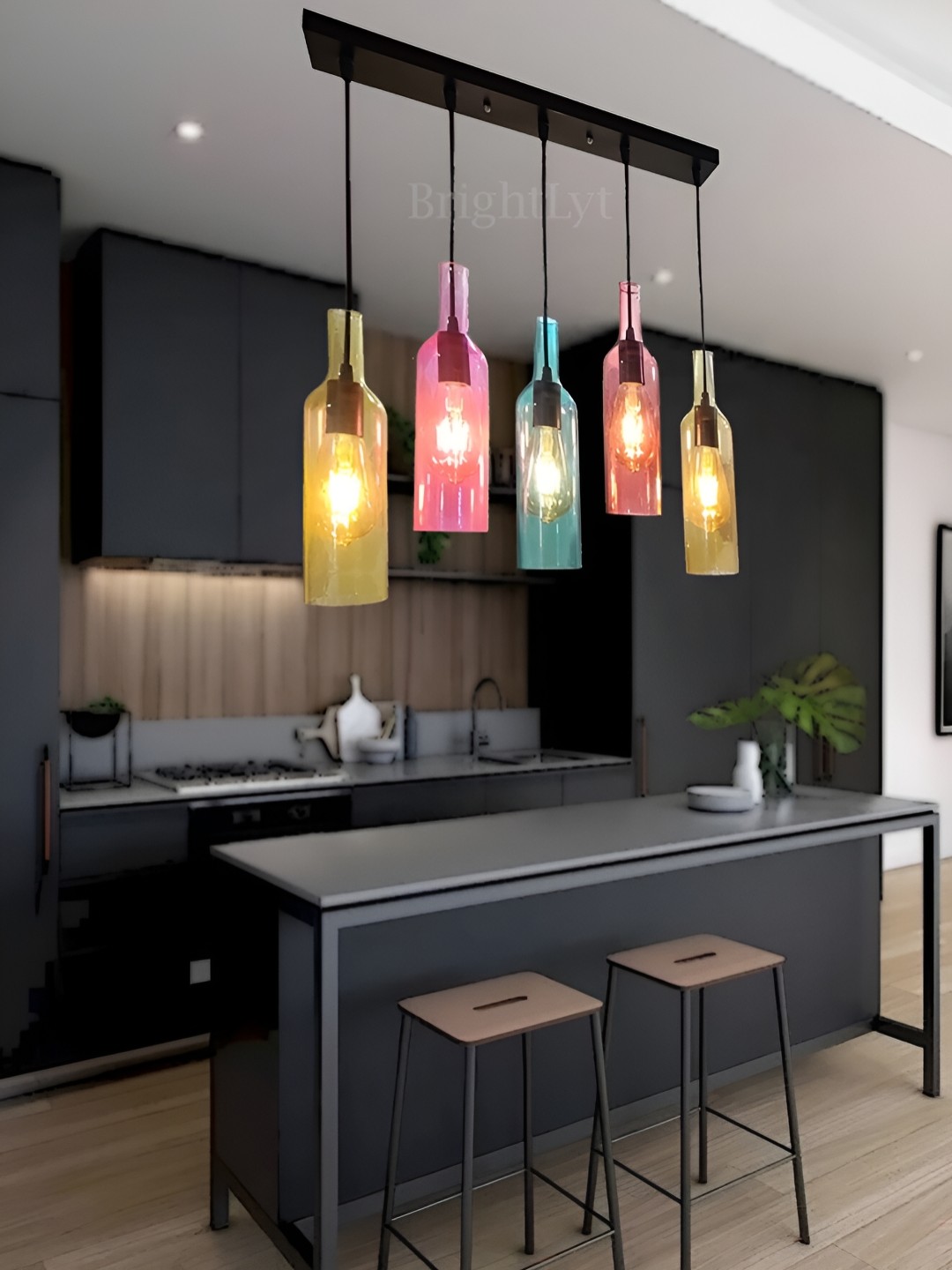 

BrightLyt Pink & Yellow 5 Lights Beer Bottle Hanging Ceiling Lamp