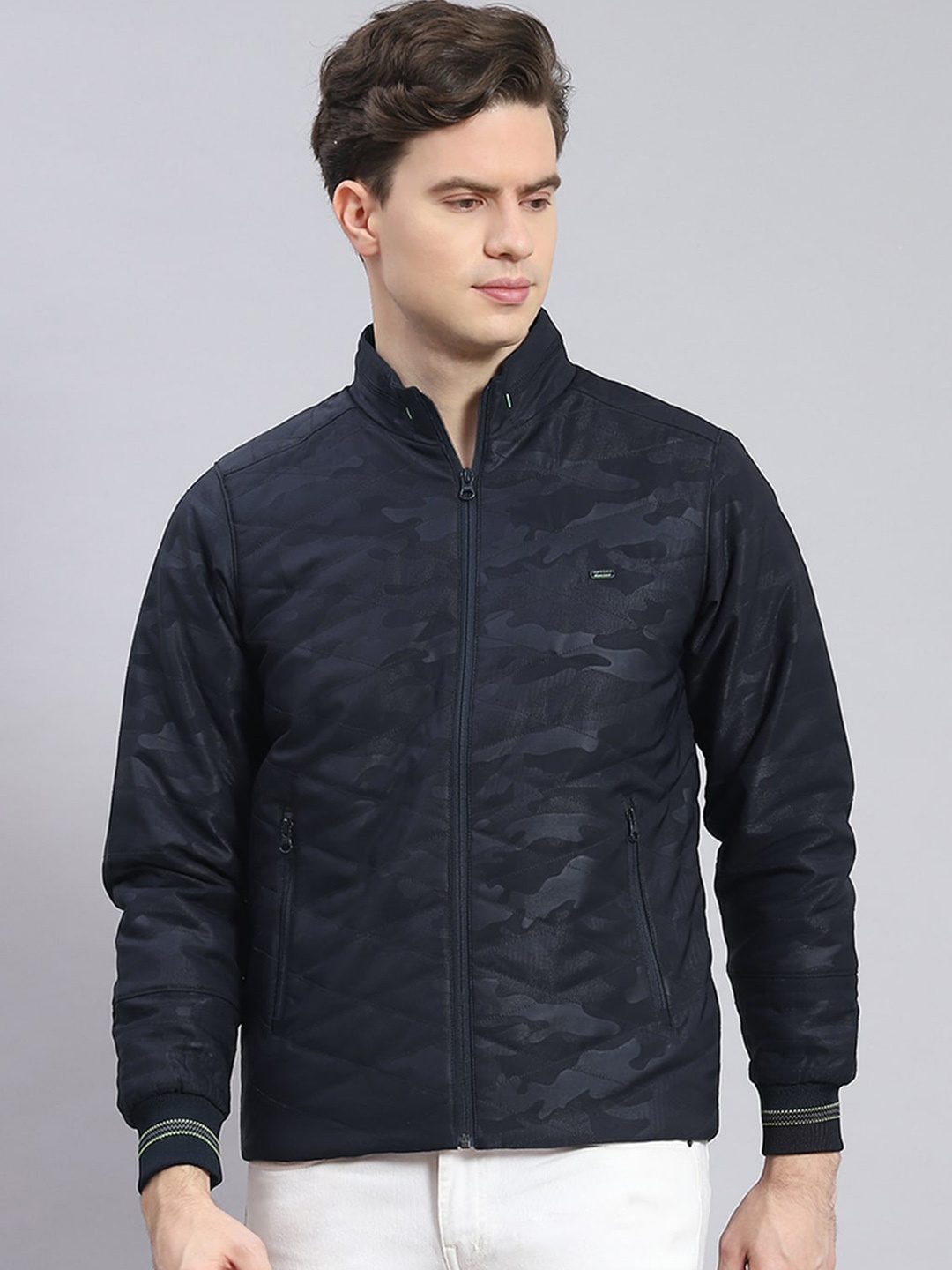 

Monte Carlo Camouflage Printed Mock Collar Lightweight Quilted Jacket, Navy blue