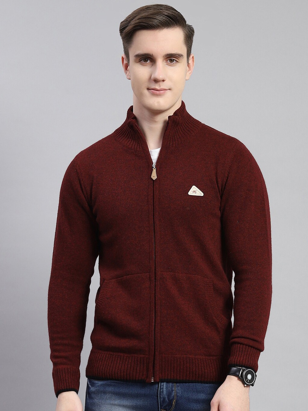 

Monte Carlo Mock Collar Woolen Cardigan Sweater, Maroon