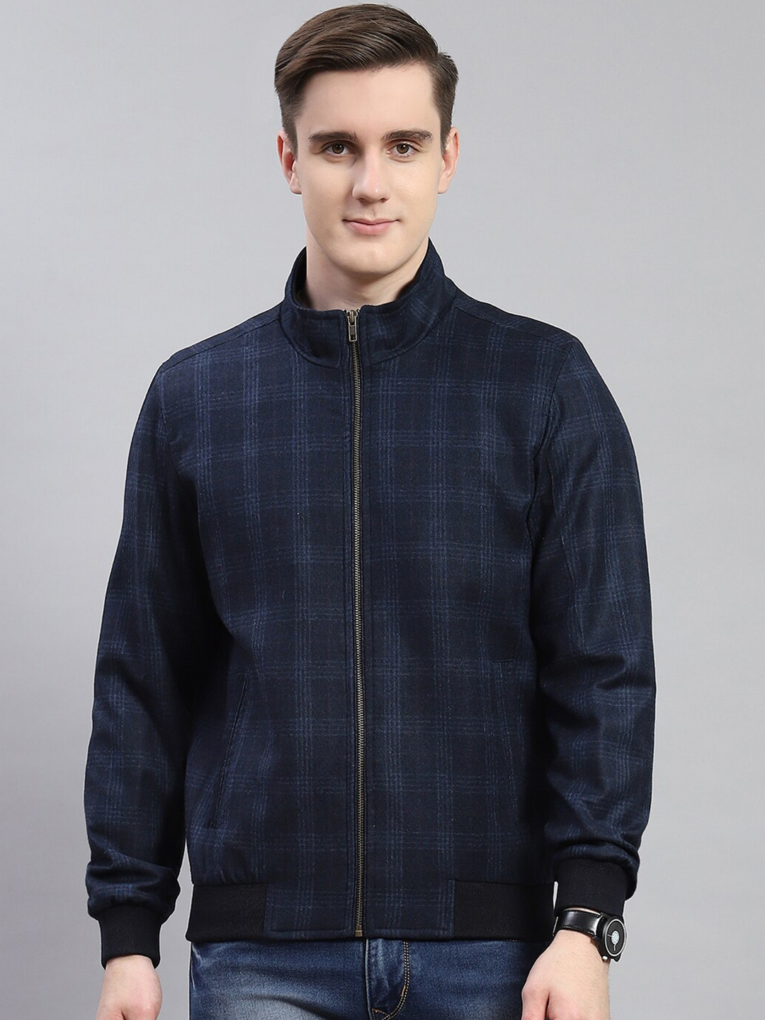 

Monte Carlo Checked Mock Collar Cotton Bomber Jacket, Navy blue