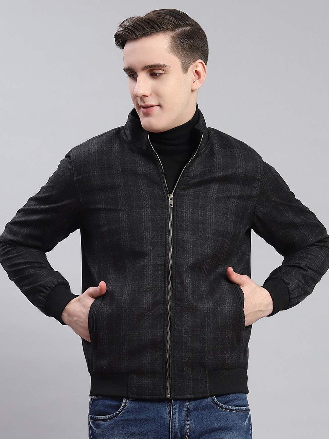 

Monte Carlo Checked Stand Collar Bomber Jacket, Black