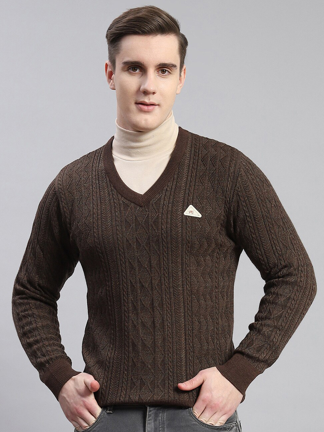

Monte Carlo Cable Knit Self Design Woolen Pullover Sweater, Brown