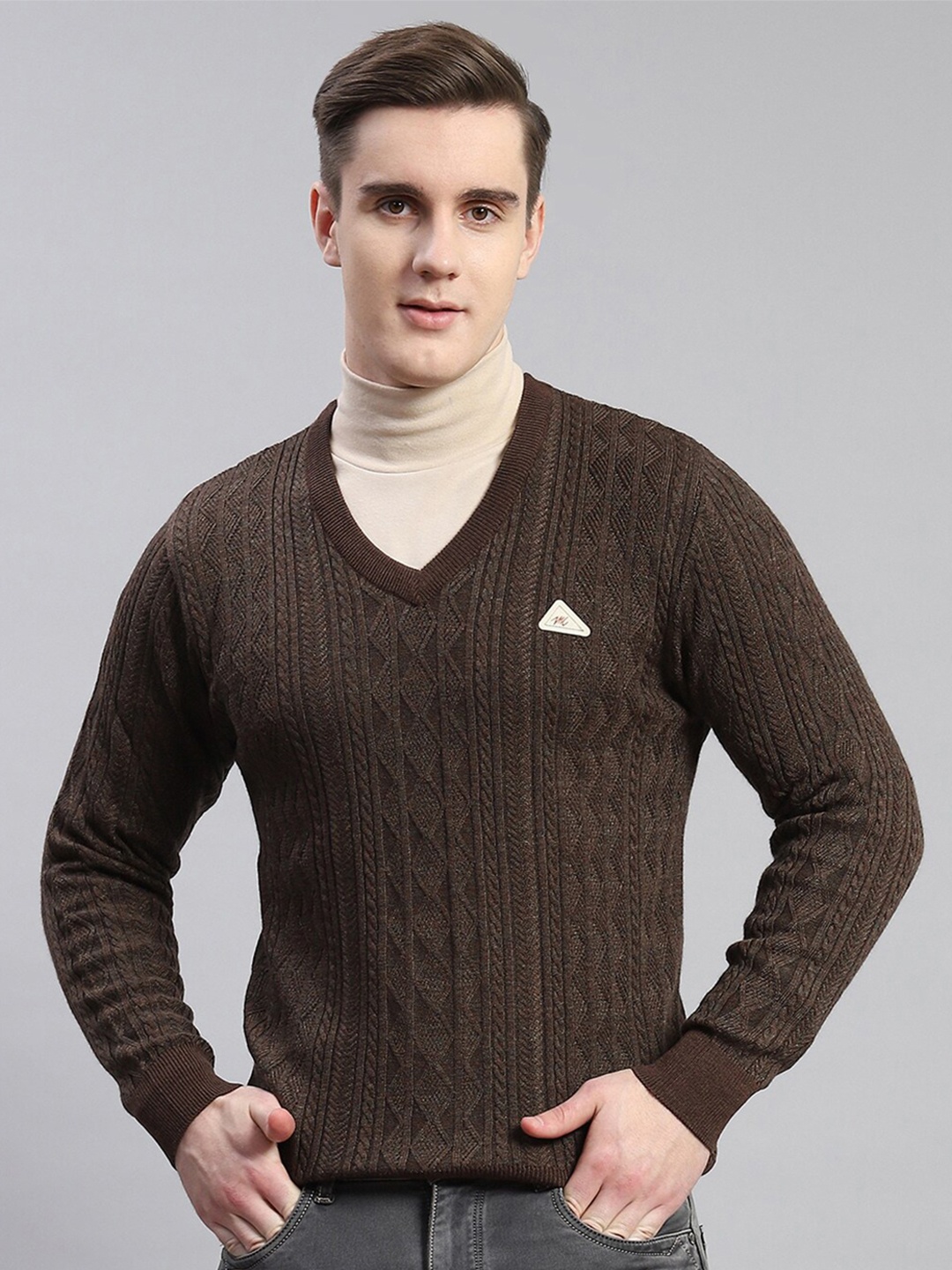 

Monte Carlo Cable Knit Self Design Woolen Pullover Sweater, Brown