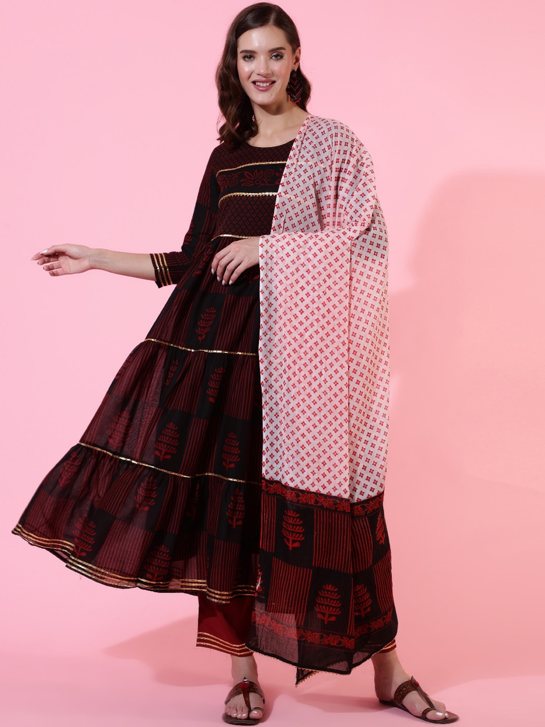 

WOMENCLICK Ethnic Motifs Printed Pure Cotton Anarkali Kurta With Trousers & Dupatta, Black