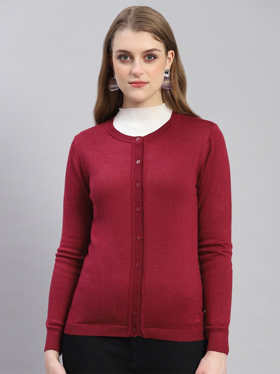 

Monte Carlo Round Neck Cardigan Sweater, Maroon