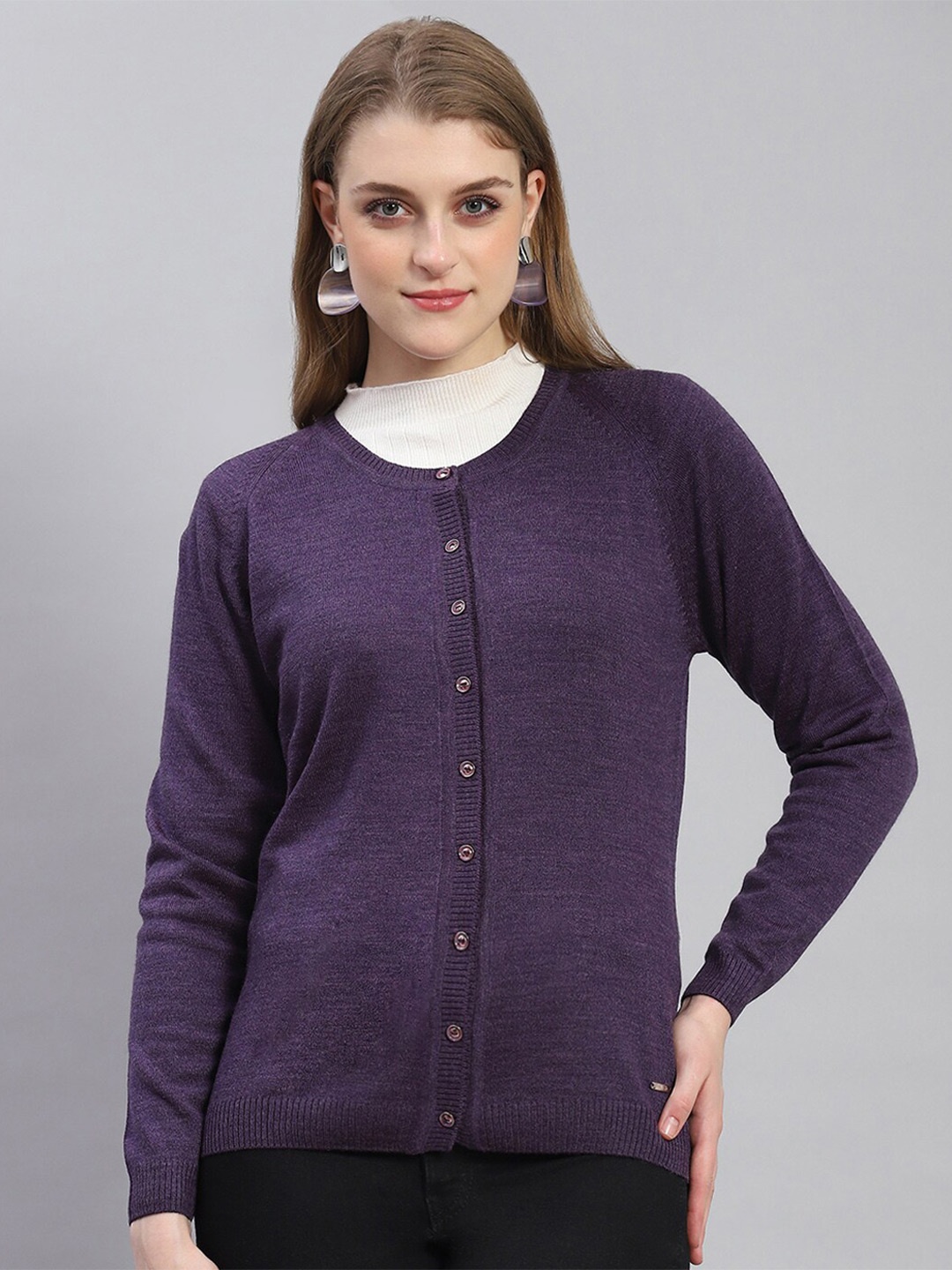 

Monte Carlo Round Neck Woolen Cardigan Sweater, Violet