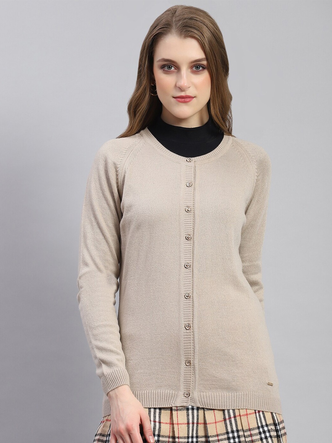 

Monte Carlo Round Neck Woollen Cardigan, Beige