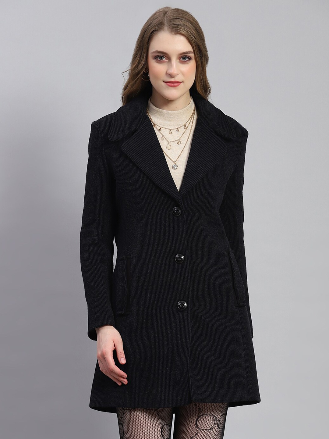 

Monte Carlo Self Design Single-Breasted Overcoat, Navy blue
