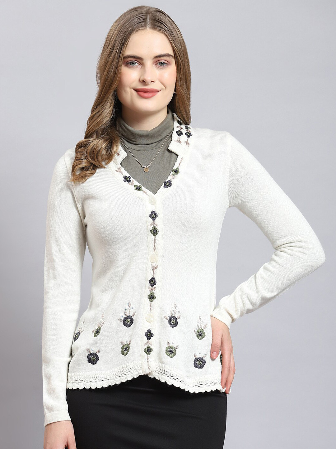 

Monte Carlo V-Neck Embroidered Detail Cardigan, White