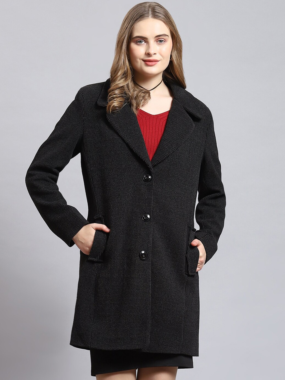 

Monte Carlo Self Design Single-Breasted Overcoat, Black