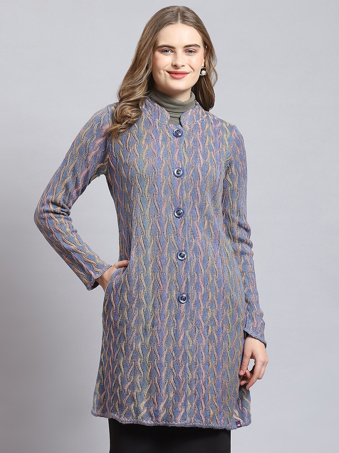 

Monte Carlo Self Design Longline Woollen Overcoat, Purple