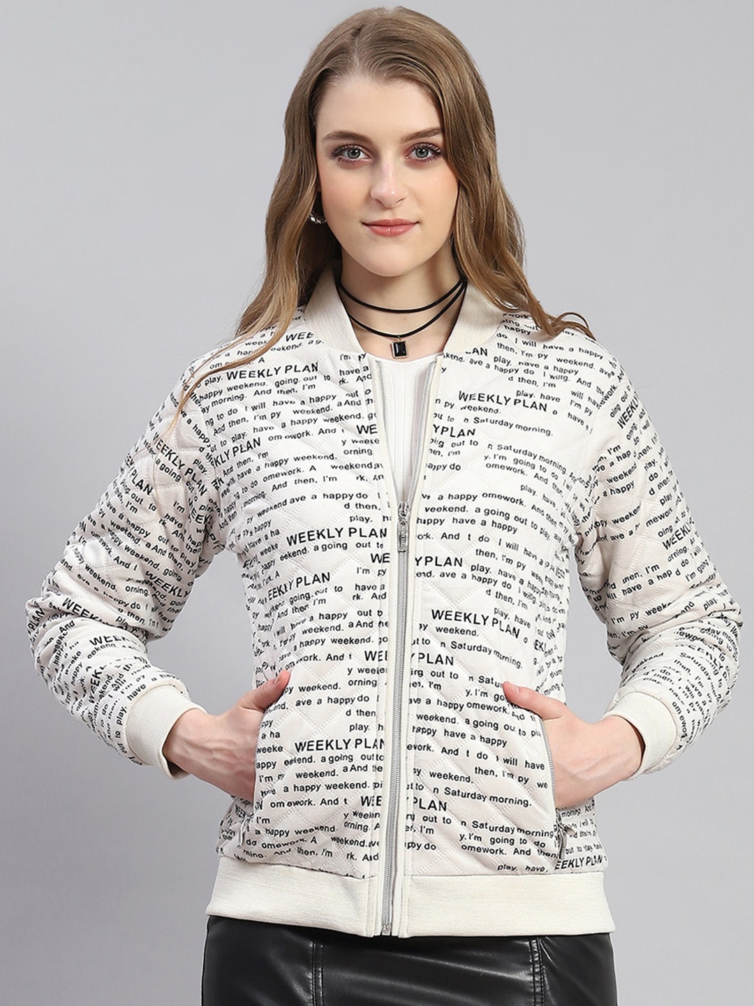 

Monte Carlo Typography Printed Lightweight Stand Collar Bomber Jacket, Off white