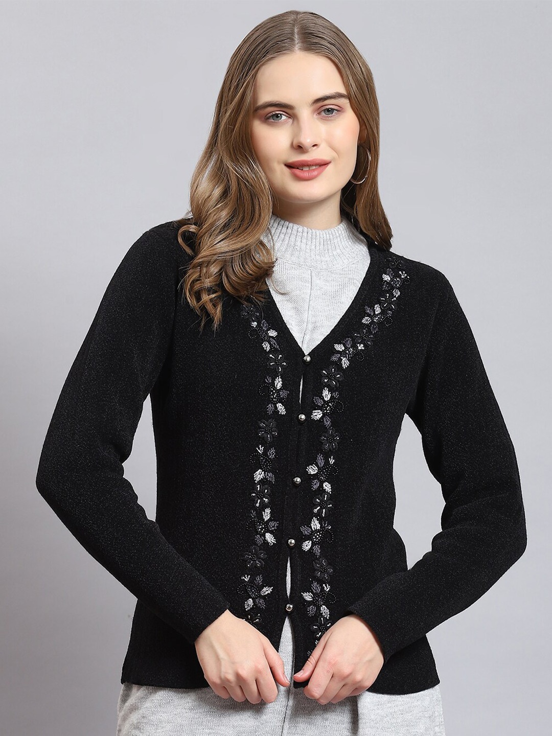 

Monte Carlo Embellished Woollen Cardigan Sweater, Black