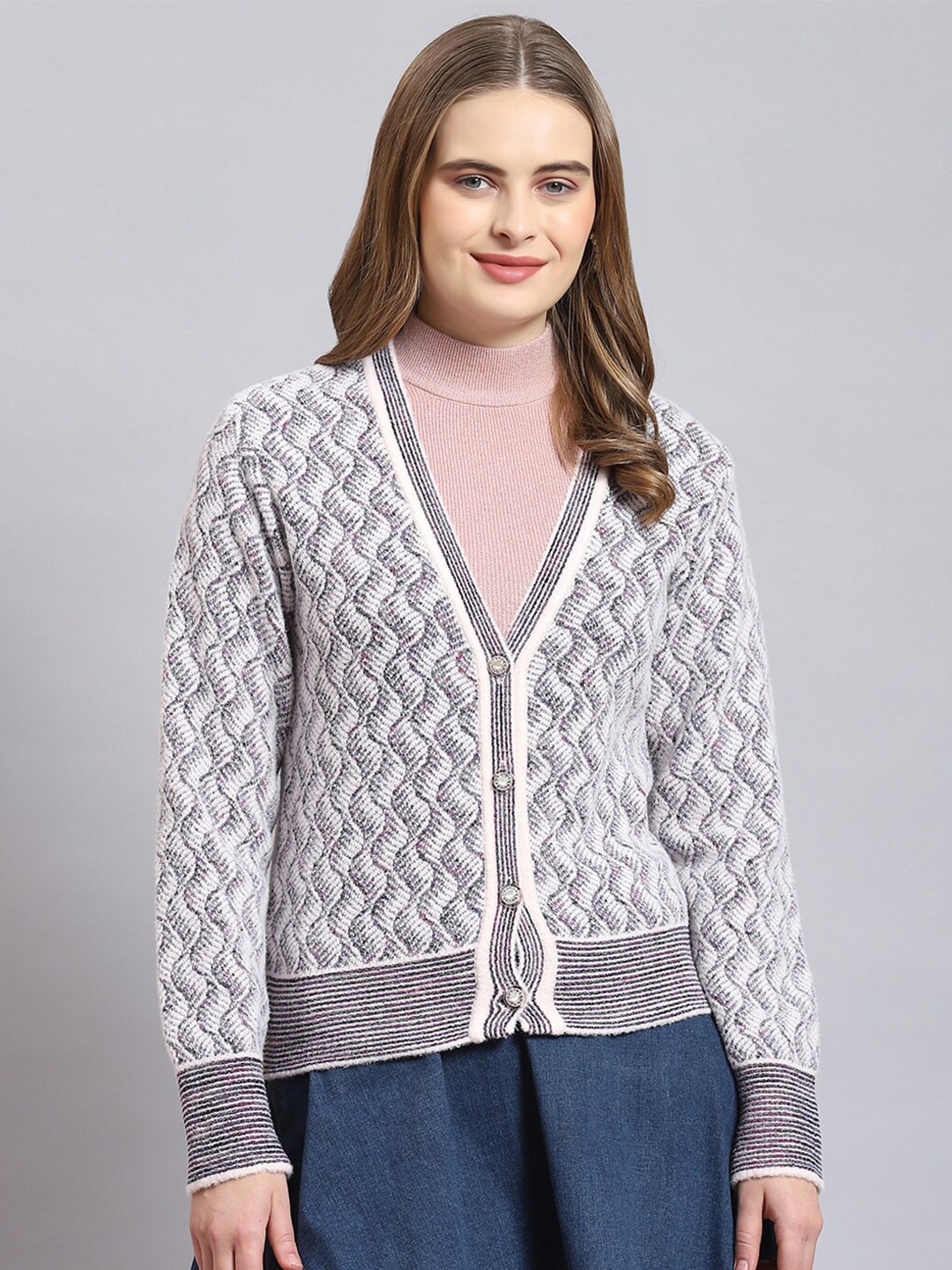 

Monte Carlo Self Design Cable Knit V-Neck Woollen Cardigan, Grey