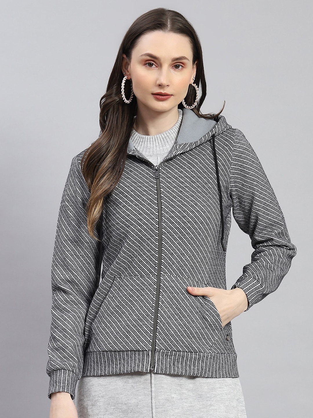 

Monte Carlo Striped Hood Long Sleeves Front Open Sweatshirt, Black
