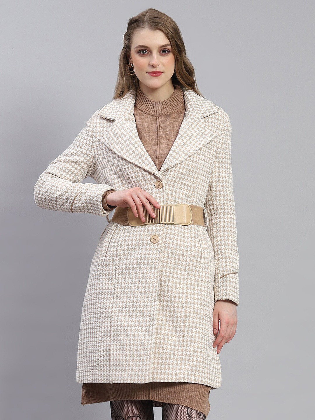 

Monte Carlo Checked Single-Breasted Overcoat, Beige