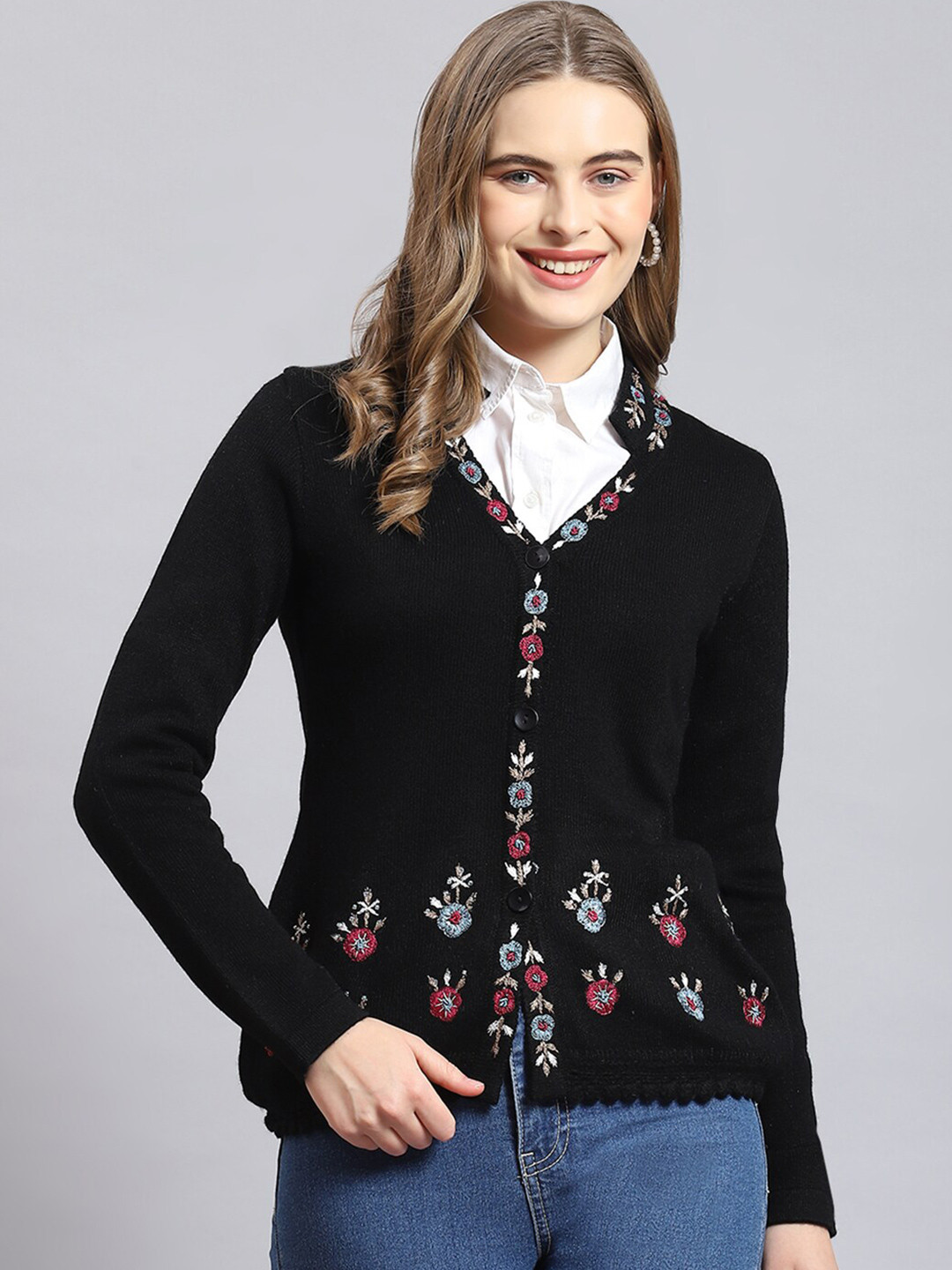 

Monte Carlo Floral Embroidered Cardigan Sweater, Black