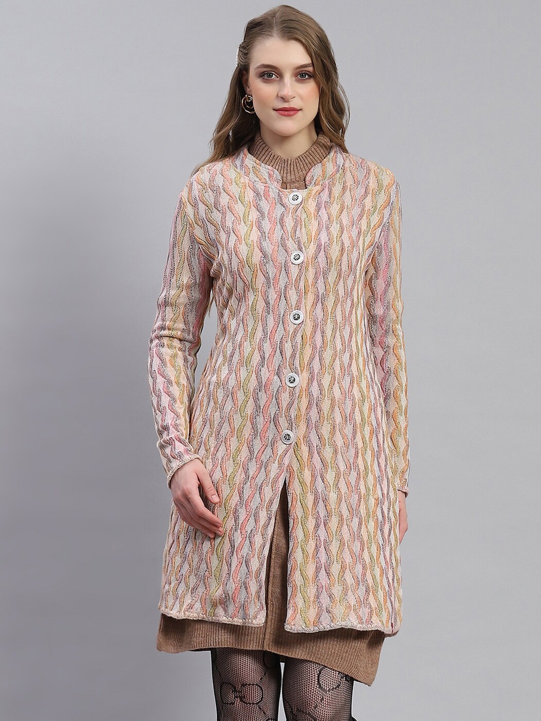 

Monte Carlo Self Design Longline Woollen Overcoat, Peach