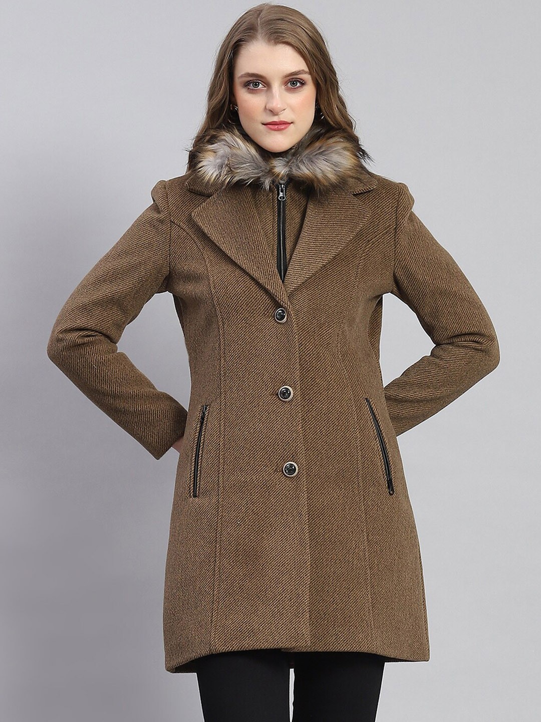 

Monte Carlo Self Design Single-Breasted Overcoat, Khaki