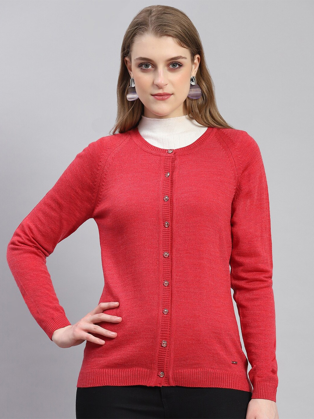 

Monte Carlo Round Neck Ribbed Cardigan, Red