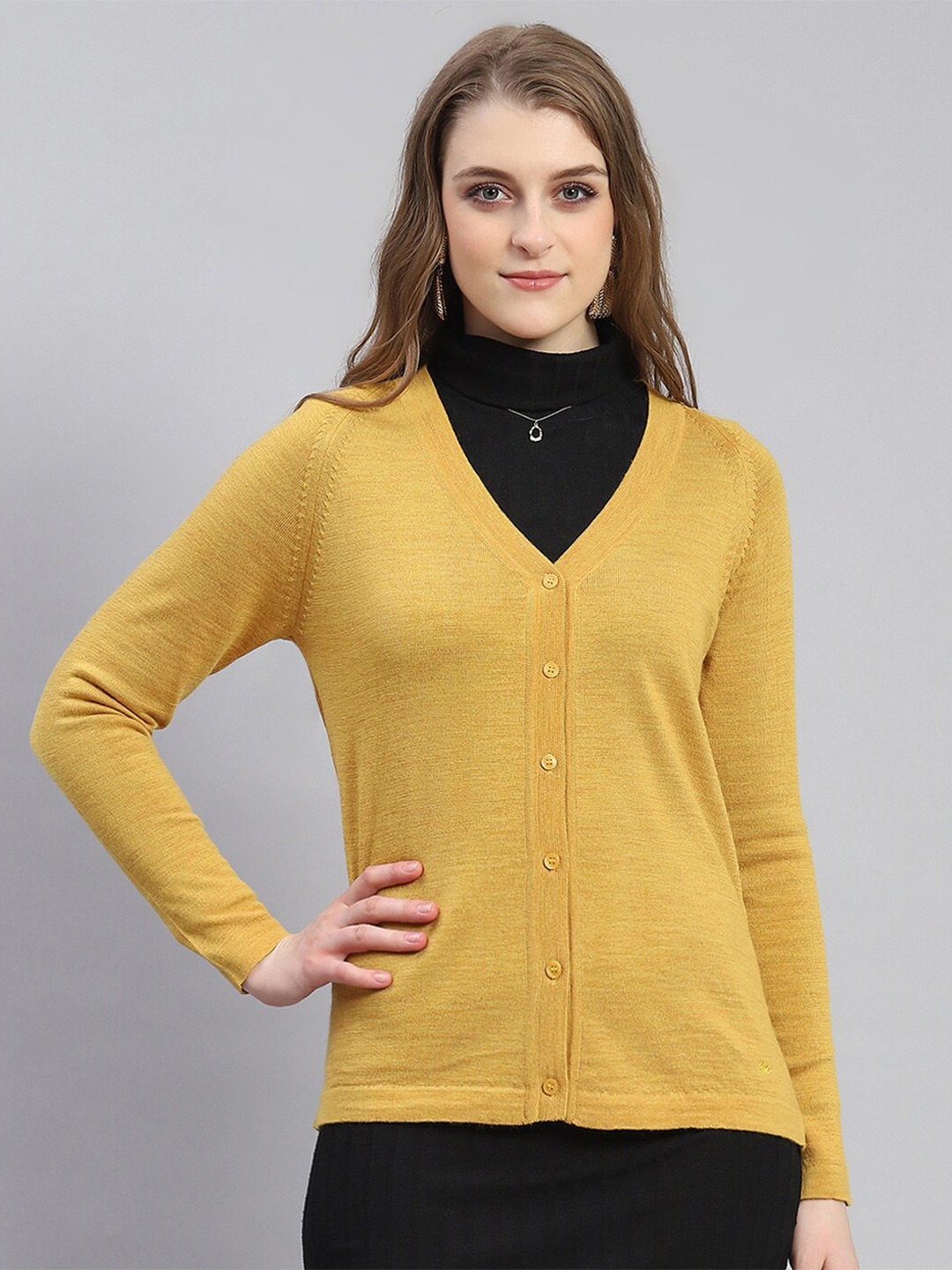 

Monte Carlo V-Neck Long Sleeves Woollen Cardigan Sweater, Mustard