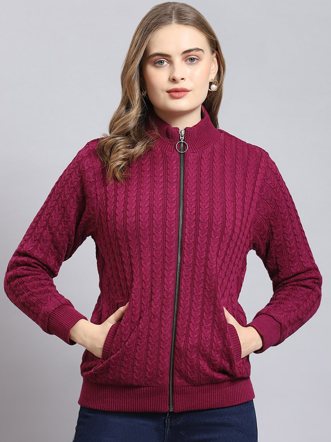 

Monte Carlo Cable Knit Mock Collar Long Sleeves Cardigan Sweater, Magenta