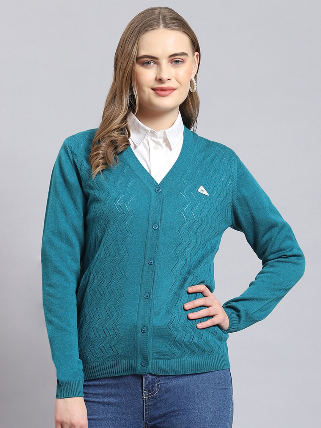 

Monte Carlo Self Design V-Neck Woollen Cardigan, Turquoise blue