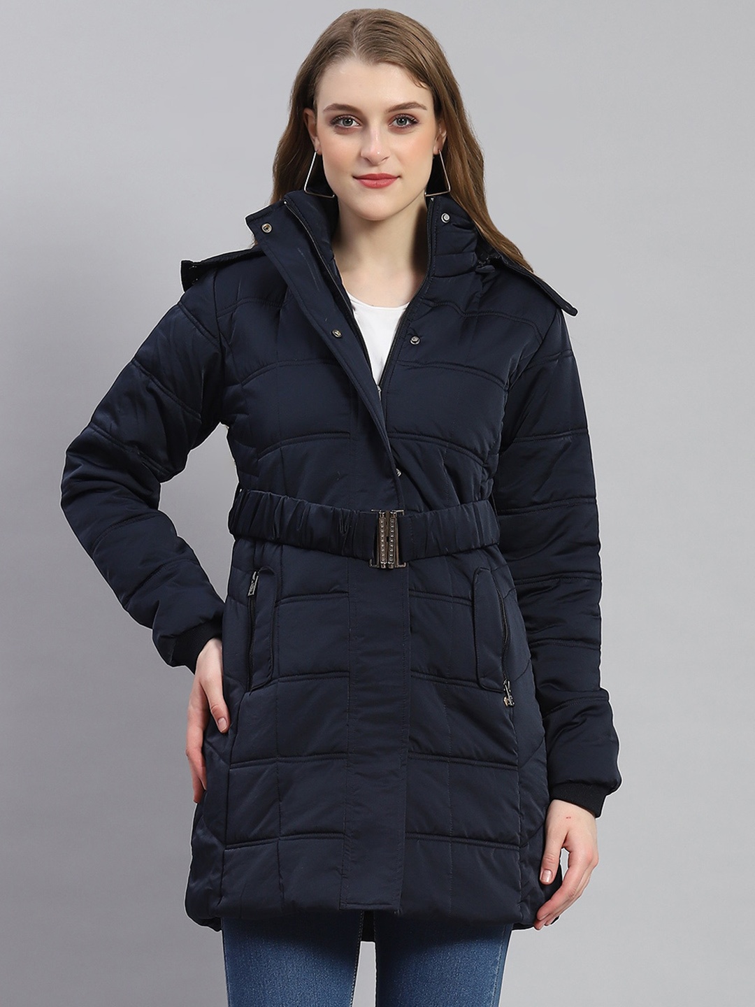 

Monte Carlo Long Sleeves Lightweight Belted Fur Hood Longline Padded Jacket, Navy blue