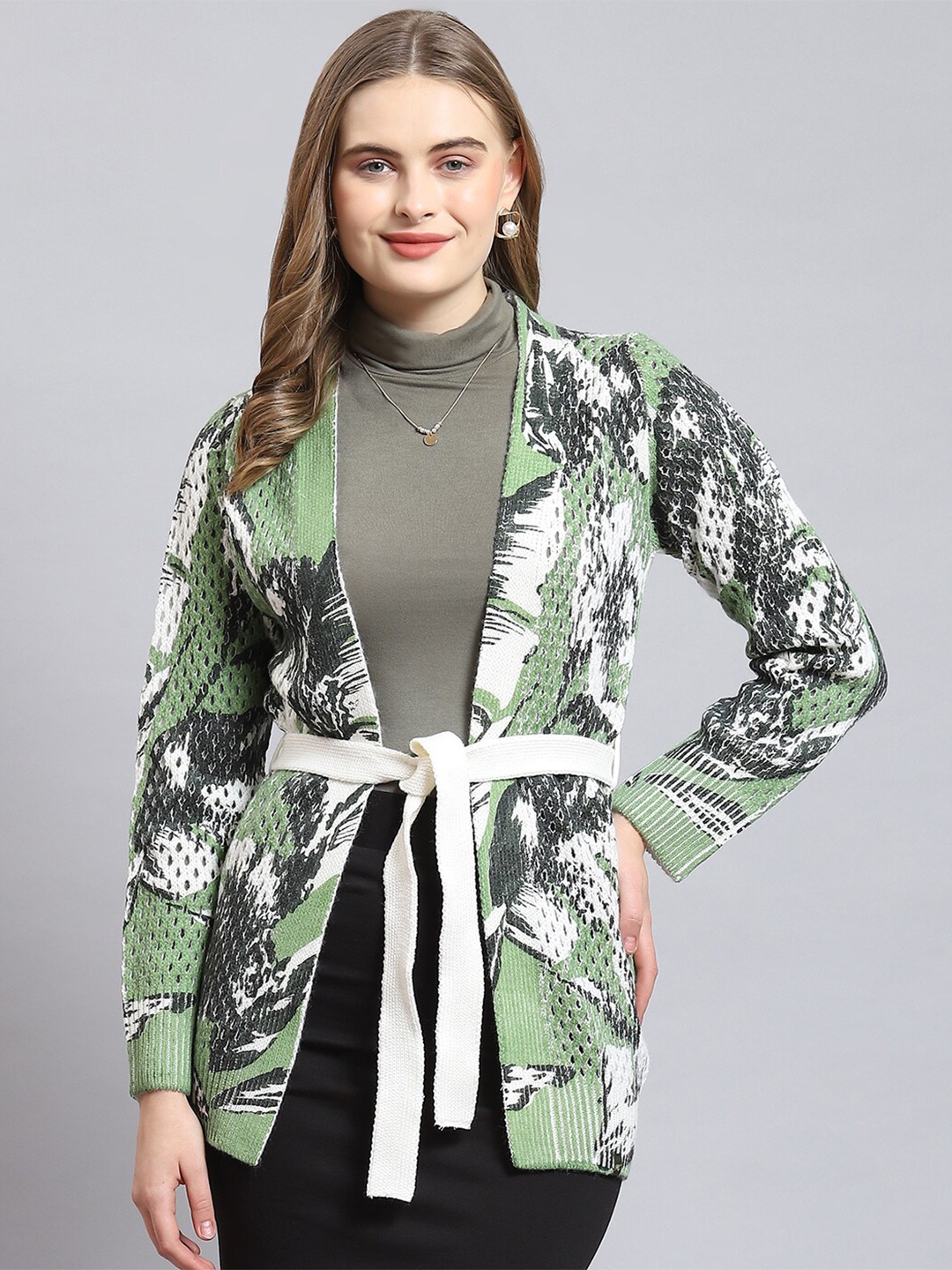 

Monte Carlo Abstract Printed Woollen Front-Open Sweater, Green