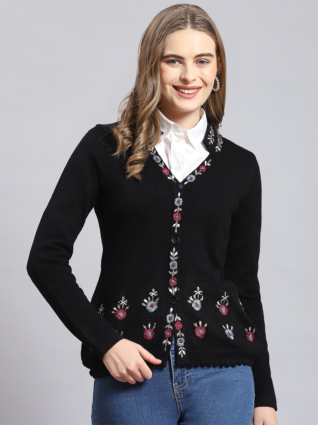 

Monte Carlo Floral Embroidered Woollen Cardigan, Black