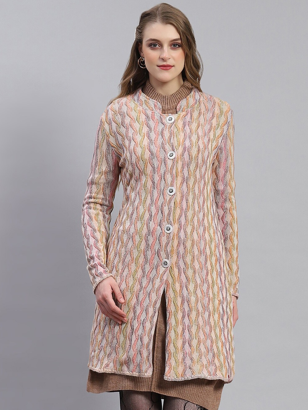 

Monte Carlo Self Design Longline Woollen Overcoat, Peach