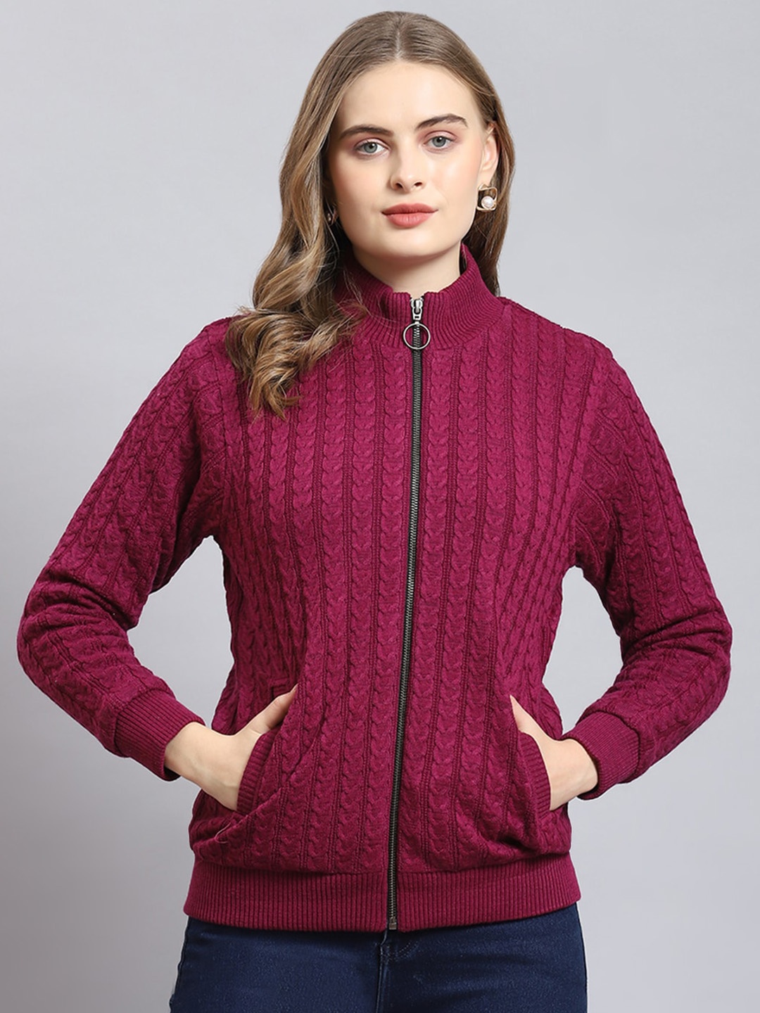 

Monte Carlo Cable Knit Mock Collar Long Sleeves Cardigan Sweater, Magenta