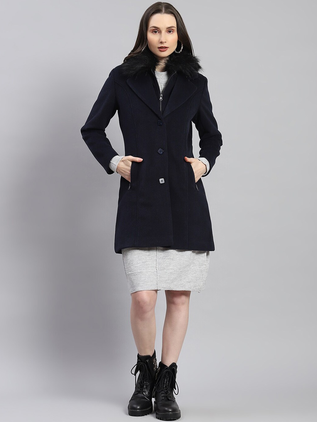 

Monte Carlo Self Design Notched Lapel Single-Breasted Overcoat, Navy blue