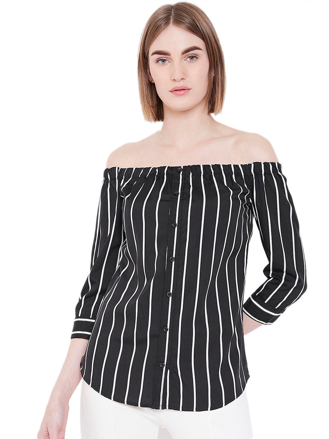 

Chemistry Vertical Stripes Off-Shoulder Cuffed Sleeves Bardot Top, Black