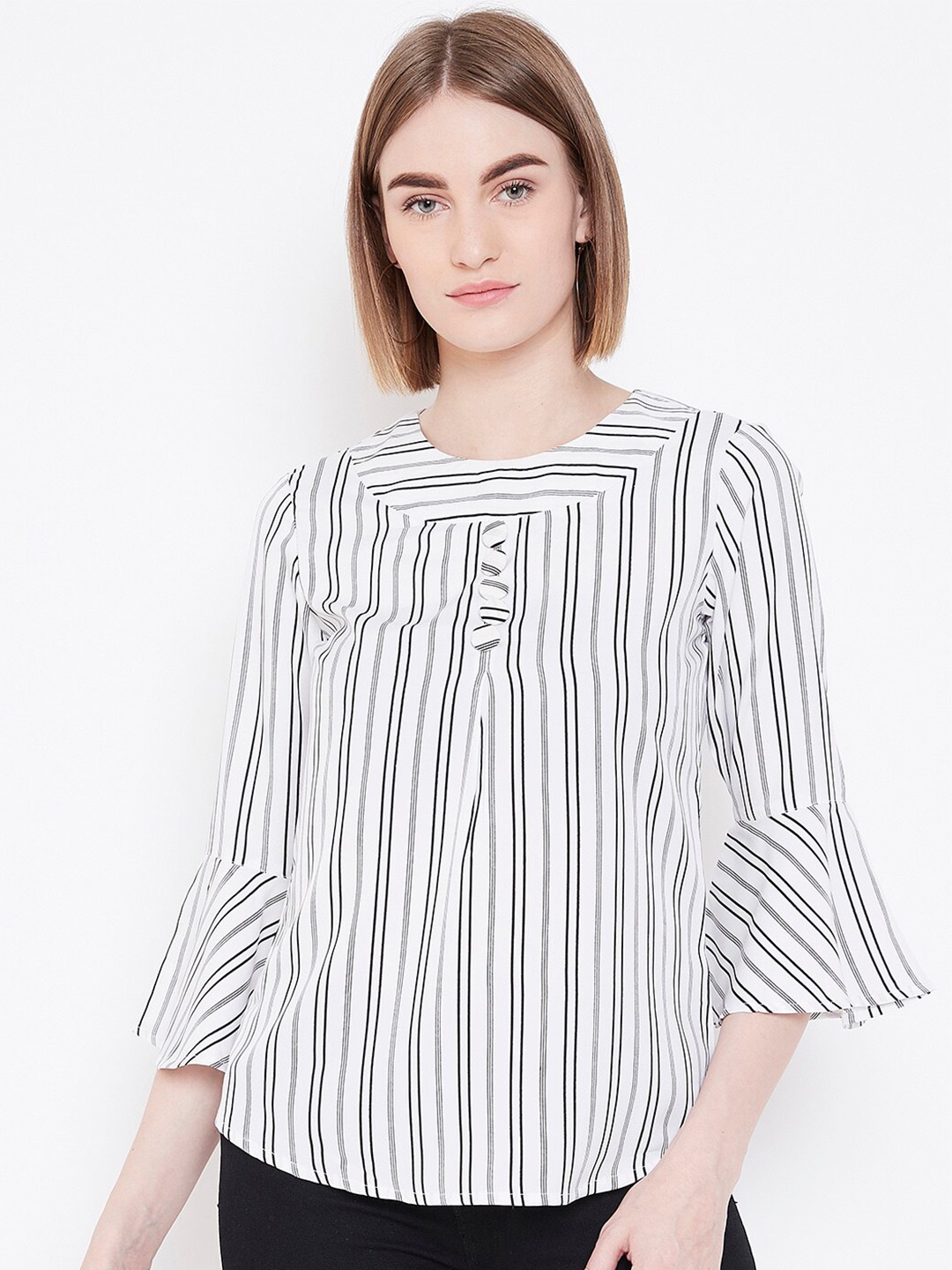 

Chemistry Vertical Stripes Round Neck Bell Sleeves Regular Top, White