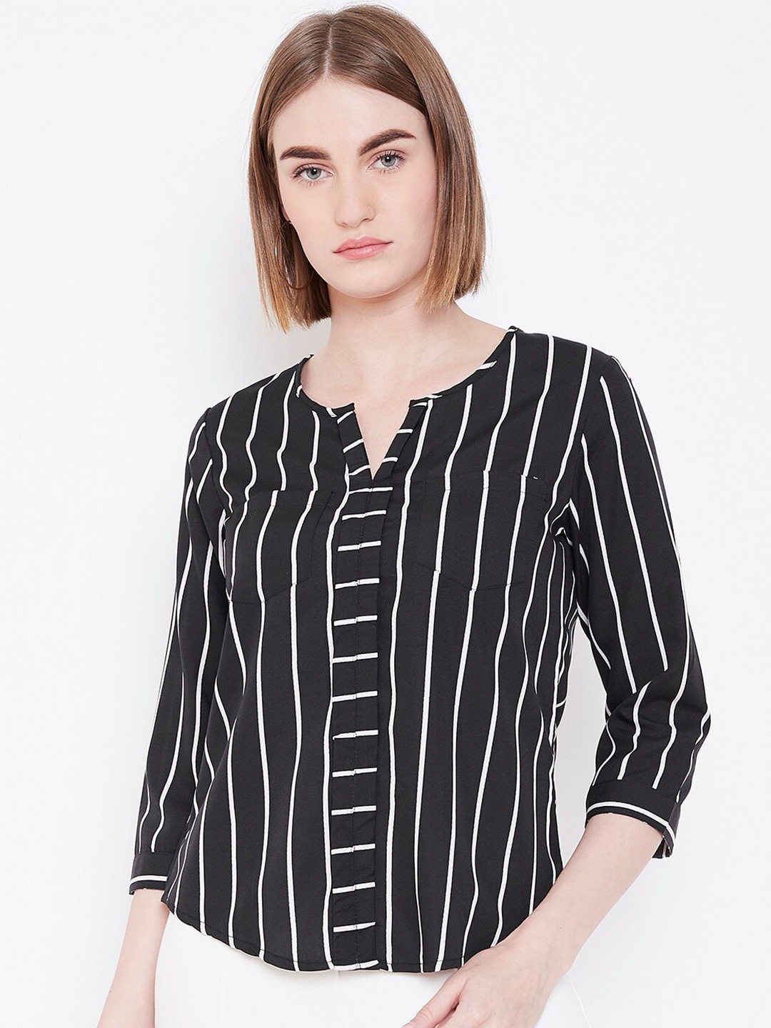 

Chemistry Vertical Stripes V-Neck Shirt Style Top, Black