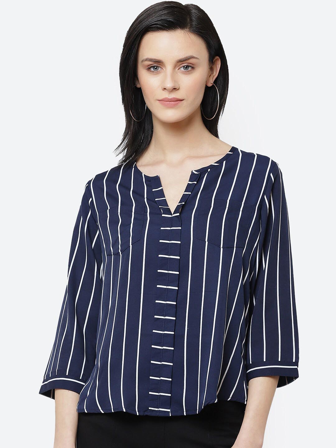 

Chemistry Vertical Stripes V-Neck Shirt Style Top, Navy blue